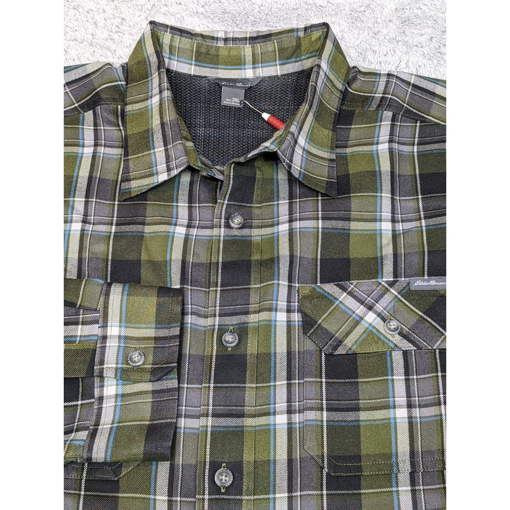 Eddie Bauer Plaid Shirt Mens 2XL Flannel Green Black Rugged Outdoors Preppy Big